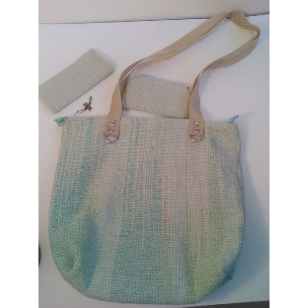 Quirky 3-Bag Bundle! Vegan Tote w/scarf & gold paint, Woven Purse, & Lancôme Bag